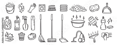 Cleaning kit equipment doodle hand drawn icon set. Outline drawing cleaning inventory, clean tools wash, bucket and mop, spray bottle with detergent cleaner line clipart symbol collection