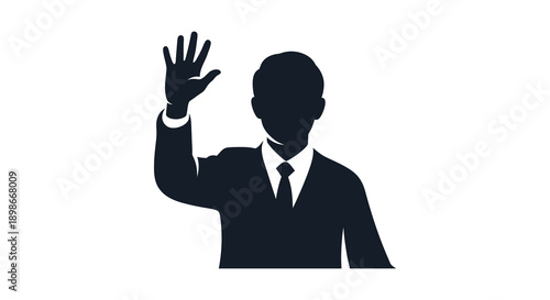 A sharply defined black silhouette depicts a man in a suit raising his hand in a greeting or wave silhouette