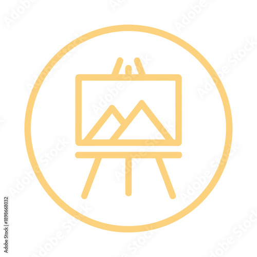 Minimalist line art icon of an easel with a canvas, enclosed in a light orange circular frame, representing art and creativity.