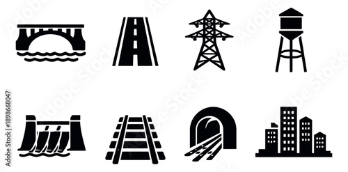 Modern glyph set featuring bridges, roads, power pylons, water towers, dams, railroads, tunnels, and city buildings for urban planning and construction
