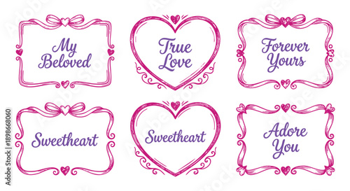Hand drawn Valentine's Day frames with pink ribbons, bows and cute love quotes in a doodle style. A vector illustration set for creating greeting cards, invitations, and romantic posts.