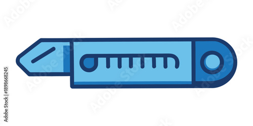 A simple blue icon illustration of a utility knife with a retractable blade, used for cutting various materials in crafting, packaging, and DIY projects.
