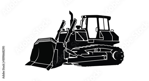 A stark black silhouette depicts a heavy duty bulldozer with a prominent blade and tracks emphasizing its powerful form silhouette