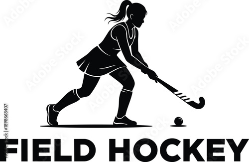 Field hockey player silhouette vector, female athlete illustration, sports action logo design, hockey stick and ball graphic