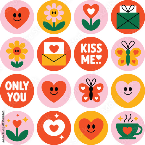 Cute heart flower and butterfly stickers with text