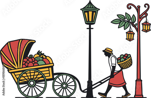 Indian Hand Pulled Cart Rickshaw Illustration. Traditional Indian Rickshaw Street Transport Illustration. Hand Pulled Rickshaw in Indian City Street Scene. Classic Indian Rickshaw with Puller design