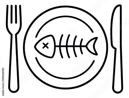 Line art illustration of a fish skeleton on a plate with cutlery depicting a finished meal for restaurant and diet concepts