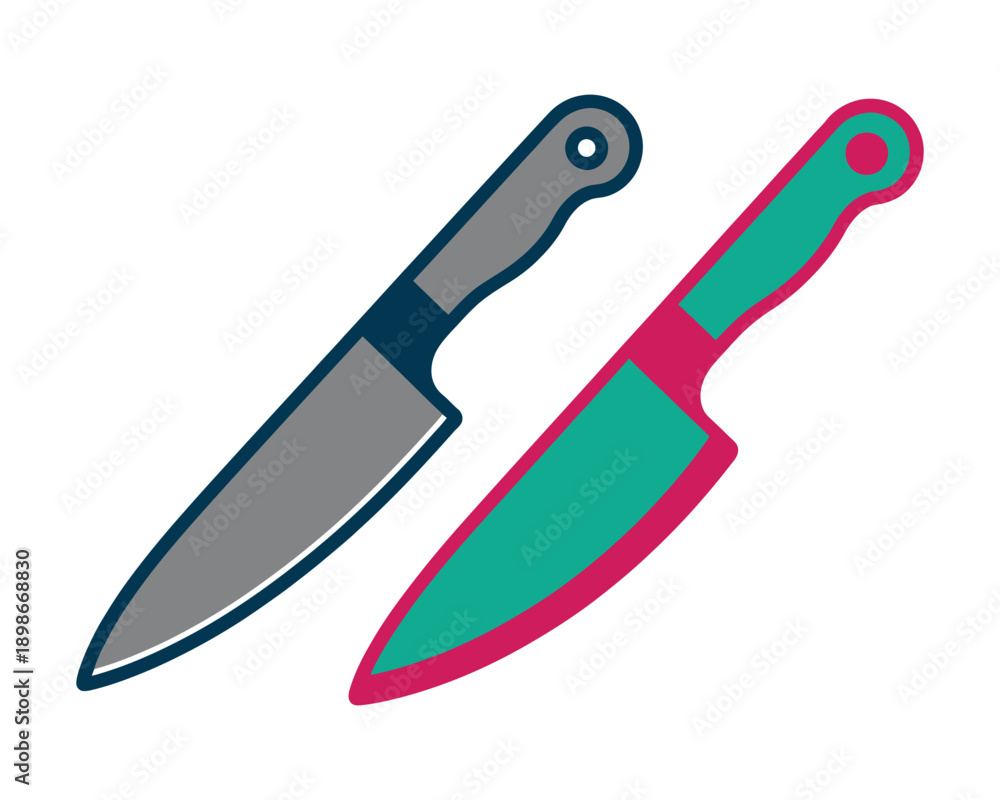 Obraz premium Two stylized kitchen knives, one grey and one teal with a pink handle, on a white background, representing cooking tools.