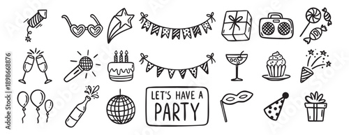 Party event or Birthday doodle icon element doodle hand drawn icon set. Outline drawing party, carnival celebration concept line clipart symbol collection. sketch birthday cake, balloon, decoration
