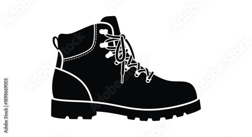 A stark black silhouette depicts a single high top hiking boot with detailed lacing and a rugged sole silhouette high quality