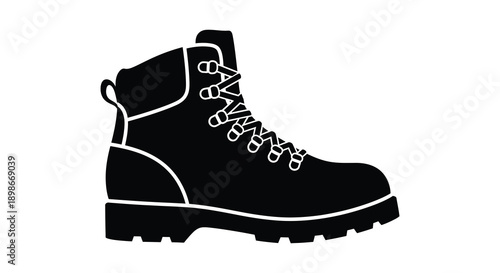 A striking black and white illustration depicts a single hiking boot showcasing its rugged design and sole silhouette high quality