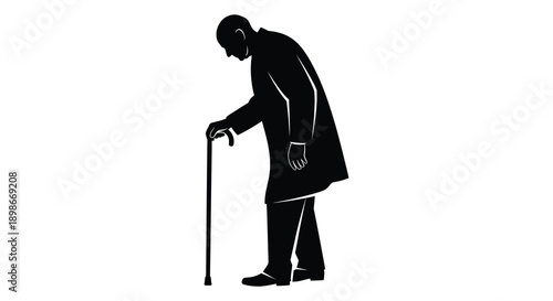 A stark depiction of an elderly man leaning on a cane conveying age and fragility in silhouette high quality professional