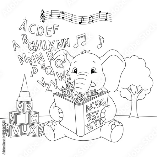 Cute Baby Elephant Learning Alphabet with Musical Notes – Educational Coloring Page Illustration for Kids

