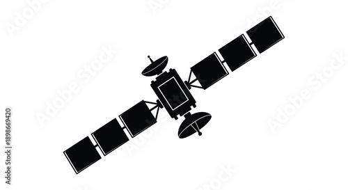 A stark black silhouette of a communication satellite is displayed against a white background showcasing orbital technology silhouette high quality