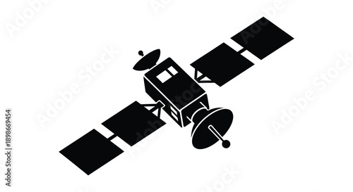 A stark black silhouette depicts a complex satellite in space showcasing its solar panels and communication dishes silhouette high quality