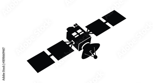 A stark black silhouette depicts a satellite with expansive solar panels and a cylindrical body in space silhouette high quality