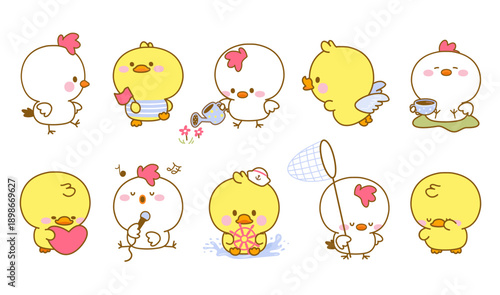 Kawaii chicken and ducklings. Funny chick, duckling different poses. Little farm birds watering, flying, walking. Easter characters, adorable nowaday vector set