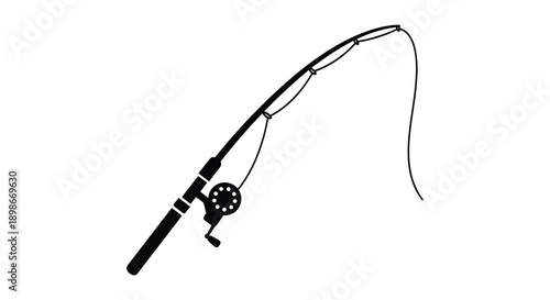 A striking black silhouette depicts a fishing rod with a reel showcasing angling equipment against a white background silhouette