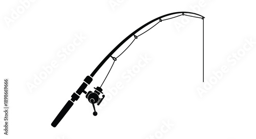 A minimalist black silhouette depicts a fishing rod with a reel line and guide capturing the essence of angling silhouette