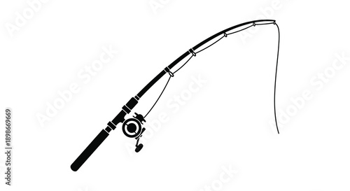 A minimalist black silhouette depicts a fishing rod with a reel and line showcasing angling equipment silhouette high quality professional