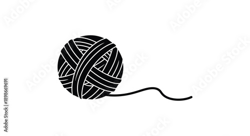 A striking black graphic depicts a tightly wound ball of yarn with a trailing end presented as a silhouette