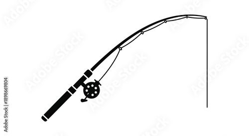 A stark black silhouette depicts a classic fishing rod with a reel line and guide showcasing angling equipment silhouette
