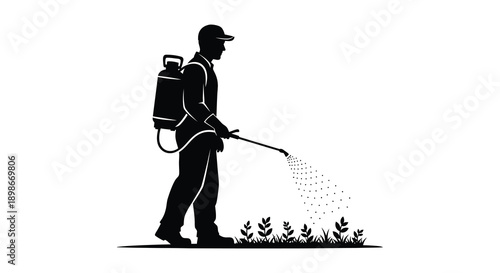 A worker spraying crops with a backpack sprayer depicted in a stark black and white graphic silhouette high quality professional