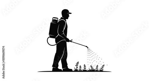 A stark black silhouette depicts a worker spraying crops with a backpack sprayer showcasing agricultural practices silhouette high quality professional
