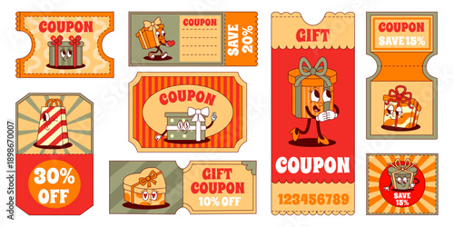 Retro gift cards template. Discount vouchers and tickets, sale coupons with groovy characters present boxes. Promotional flyers, neoteric vector templates