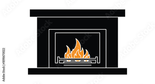 A minimalist illustration depicts a black fireplace with vibrant orange flames inside presented as a silhouette high quality professional detailed