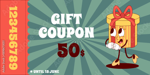 Gift voucher groovy design. Discount coupon for purchase, present ticket, certificate with funny box character. Promotional offer, neoteric vector template