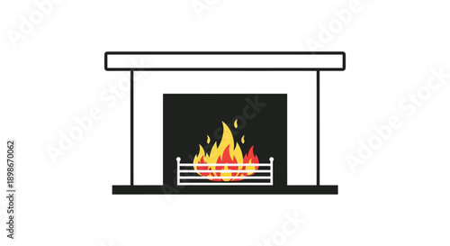 A simple illustration depicts a classic fireplace with a bright warm fire burning within presented as a silhouette high quality