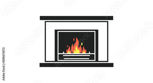 A graphic illustration depicts a black fireplace with vividly colored flames inside creating a cozy home ambiance silhouette high quality