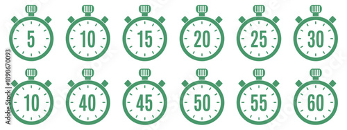 Stopwatch icons, featuring different time intervals from 5 to 60 minutes as clean vector illustrations for timing and productivity designs.