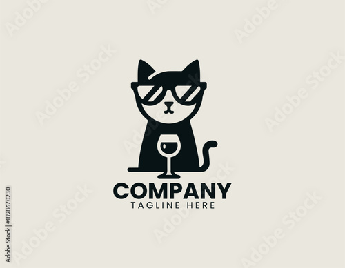 Cat logo shows relaxed character holding wine glass in playful modern vector illustration style