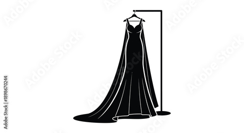 A black evening gown hangs elegantly on a metal rack showcasing its flowing design and dramatic silhouette high quality professional
