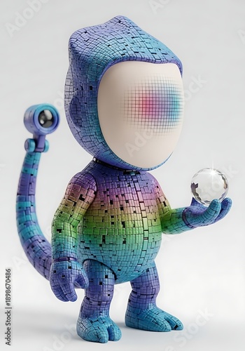 Colorful gradient monkey toy holding camera isolated white background

