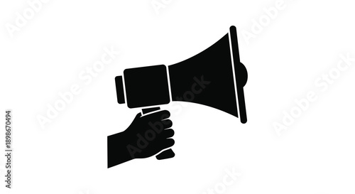 A stark black silhouette depicts a hand firmly gripping and presenting a megaphone conveying a message silhouette high quality professional