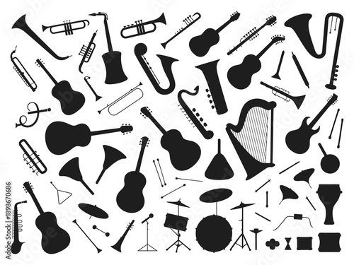 Collection of musical instruments icons featuring classic and modern instruments arranged as clean symbols for music education sound design apps branding posters and creative projects