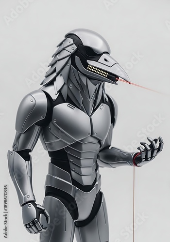 Futuristic cyborg warrior with visor helmet isolated white background