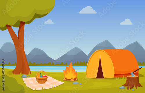Summer camping scene. Forest camp with tent, fireplace, plaid and basket with food. Outdoor family rest on nature, seasonal vacations sapid vector background