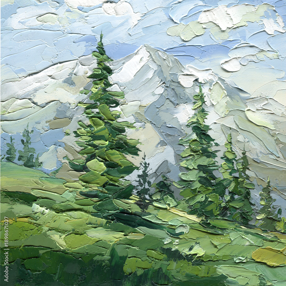 Obraz premium Pine trees in mountain landscape impasto oil painting alpine forest with snowy peaks and green hills