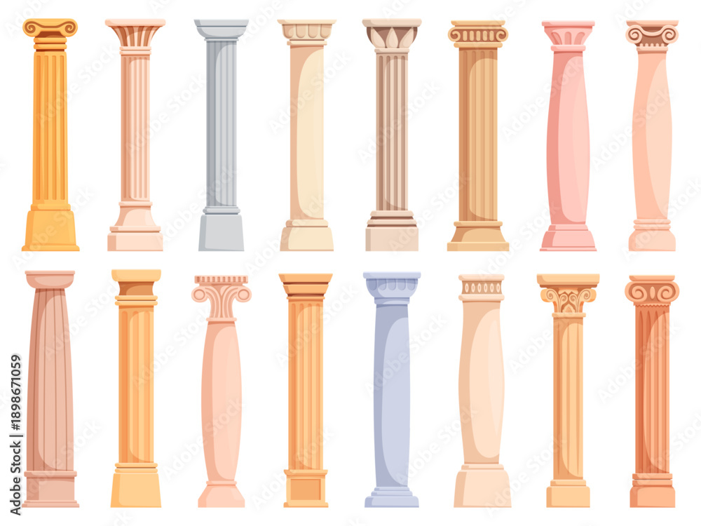 Fototapeta premium Cartoon ancient column. Roman greek pillars, antique architecture elements for temples, facades. Carving column, decorative medieval stone objects, sapid vector clipart
