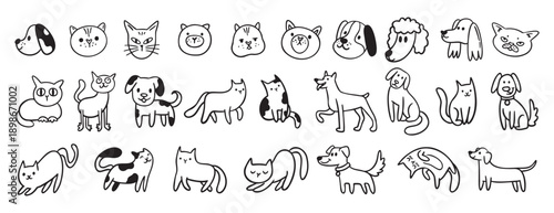 cute dogs and cats doodle hand drawn icon set. Sitting, standing. Outline drawing cats and dogs faces line clipart symbol collection