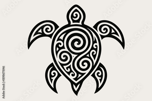 Tribal turtle design with intricate patterns on a light background