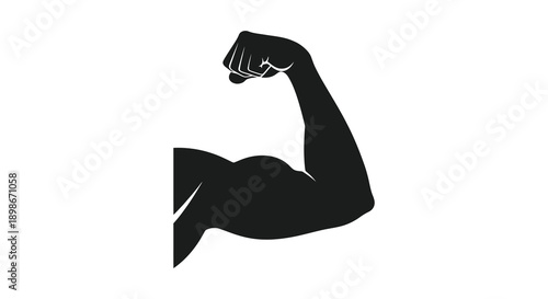 A striking black graphic depicts a flexed bicep muscle symbolizing strength power and physical fitness presented as a silhouette