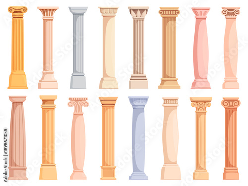 Cartoon ancient column. Roman greek pillars, antique architecture elements for temples, facades. Carving column, decorative medieval stone objects, sapid vector clipart
