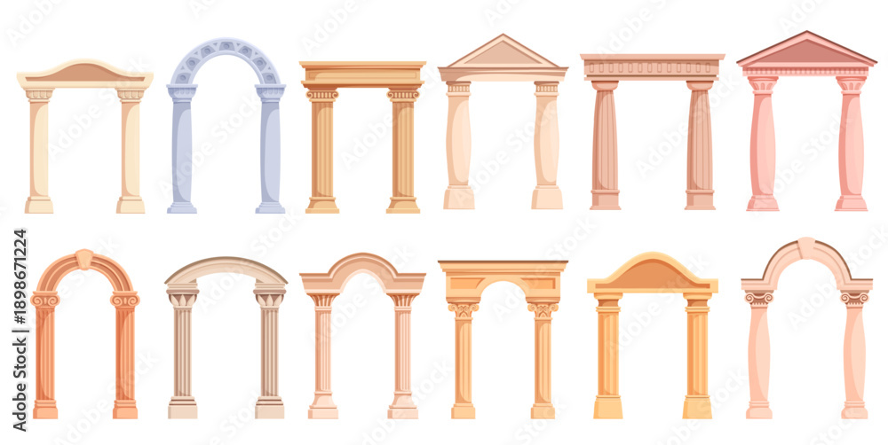 Obraz premium Cartoon ancient roman arches. Stone arch for gate or temple, antique palace entrance decoration. Stone medieval architecture elements, sapid vector clipart