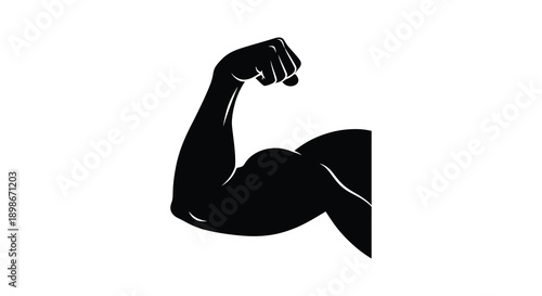 A striking black illustration depicts a flexed bicep symbolizing strength power and physical fitness presented as a silhouette high quality