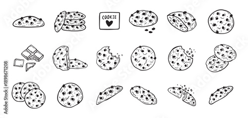 Chocolate chips cookie hand drawn doodle icon set. Drawing black and white sketch biscuit. Chocolate biscuit collection.
